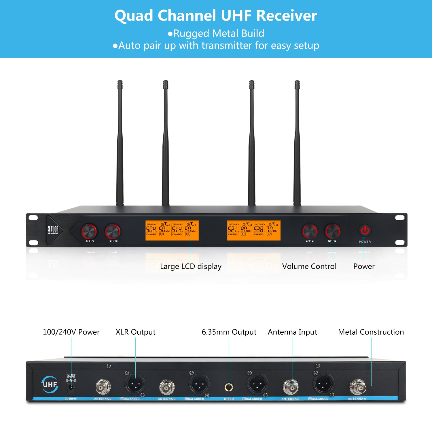XTUGA A400丨4 Channel UHF Wireless Microphone System