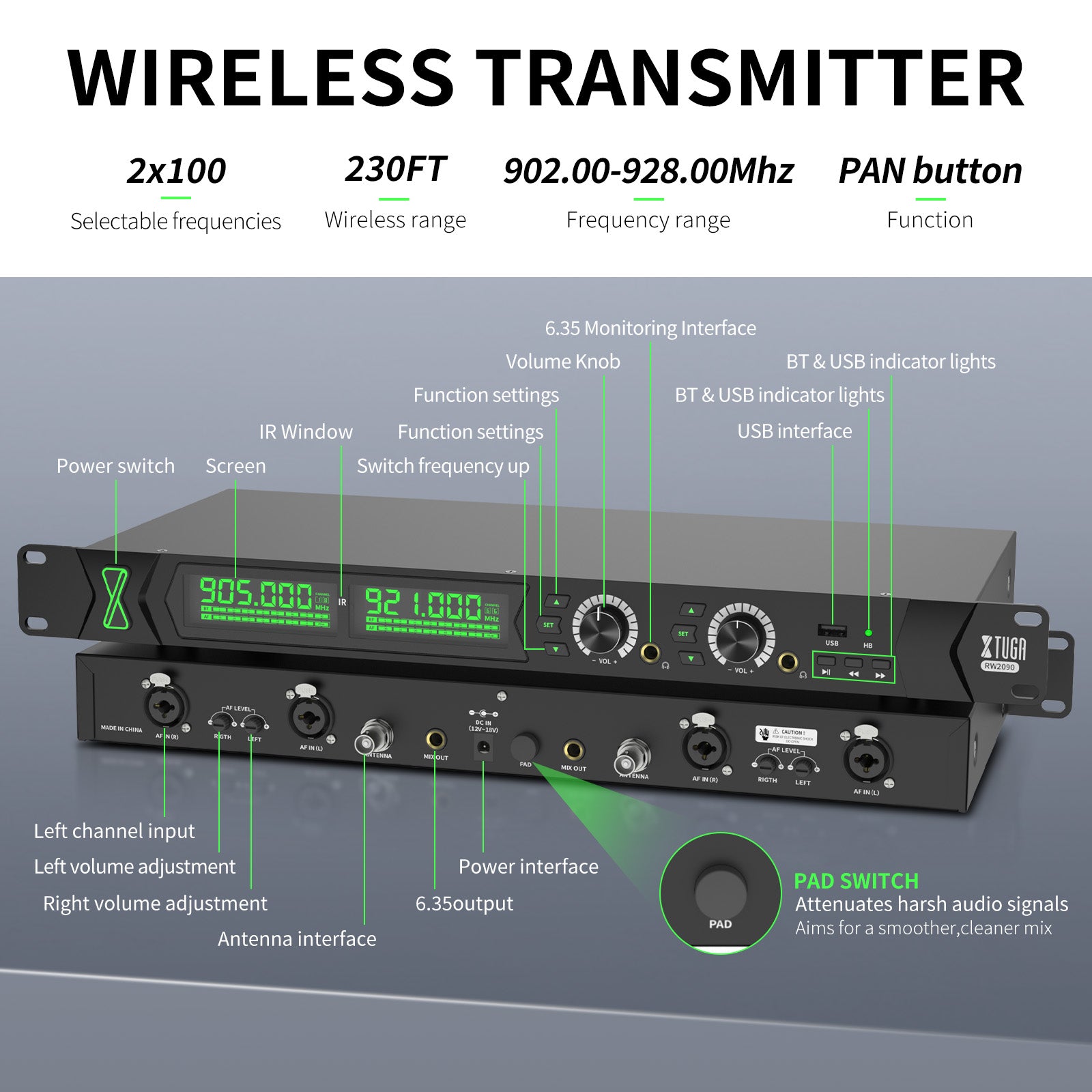 XTUGA RW2090丨Mono Wireless In Ear Monitor System (902-928 MHz)