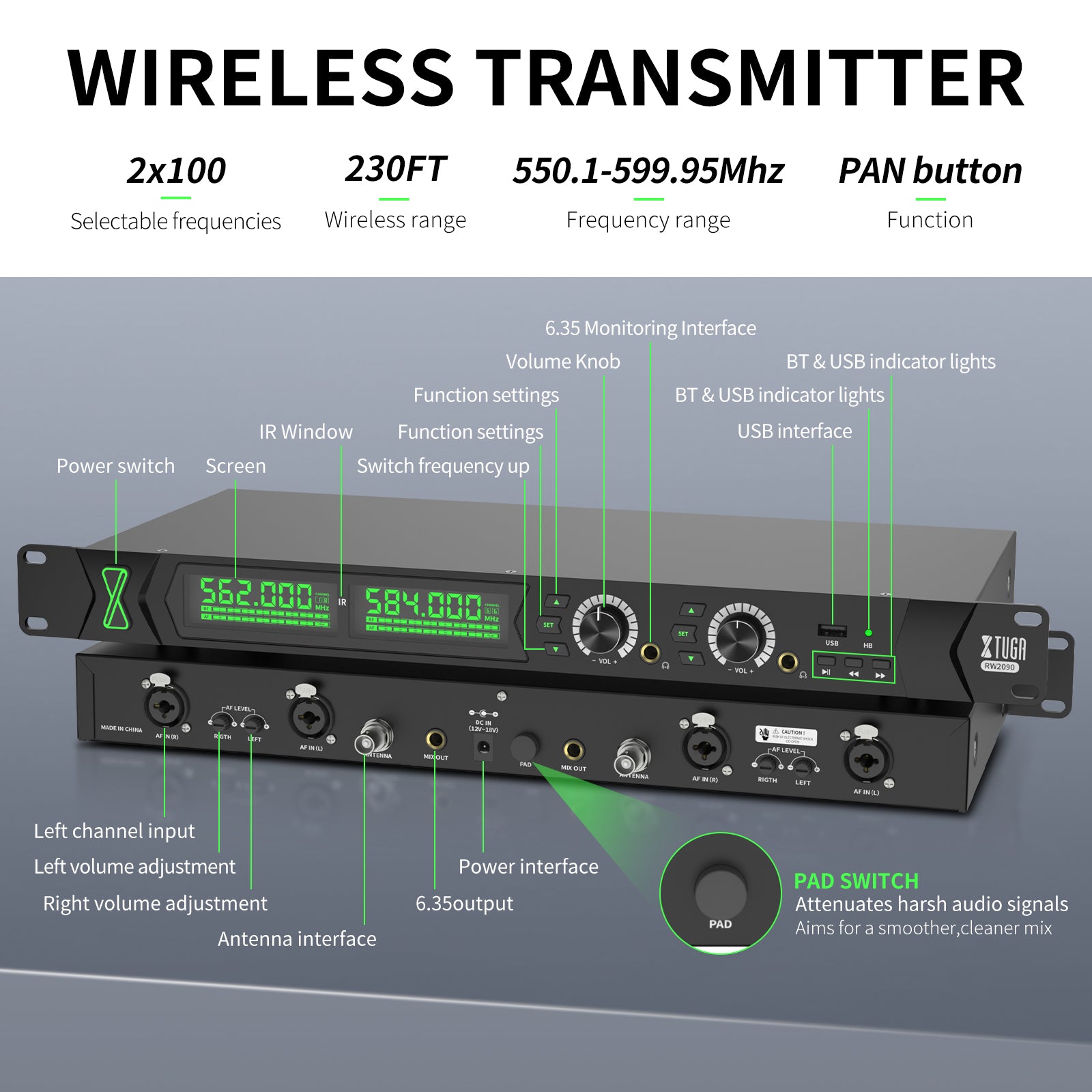 XTUGA RW2090丨Mono Wireless In Ear Monitor System (550-599 MHz)